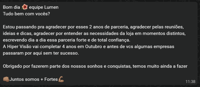 Depoimento da Hiper Visão via WhatsApp